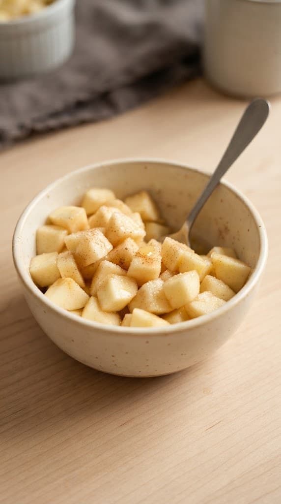 Peeled diced apple pieces mixed with granulated sugar, fresh lemon juice, cinnamon, and salt for one apple crisp