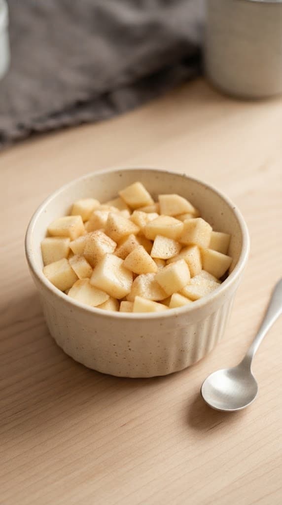Raw cinnamon-coated diced apple filling spread evenly in a small cream speckled ramekin