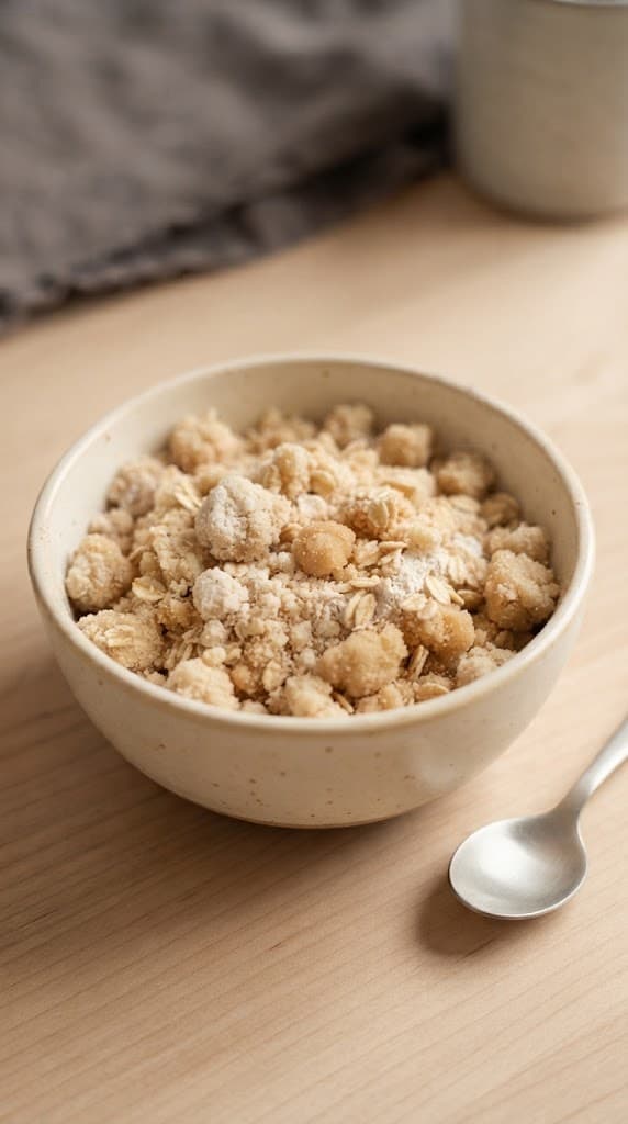 Raw oat crumble topping made with flour, rolled oats, light brown sugar, and cold butter in a small ceramic bowl