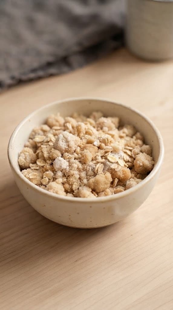 Raw oat crumble topping scattered over cinnamon-coated diced apples in a small ramekin before baking