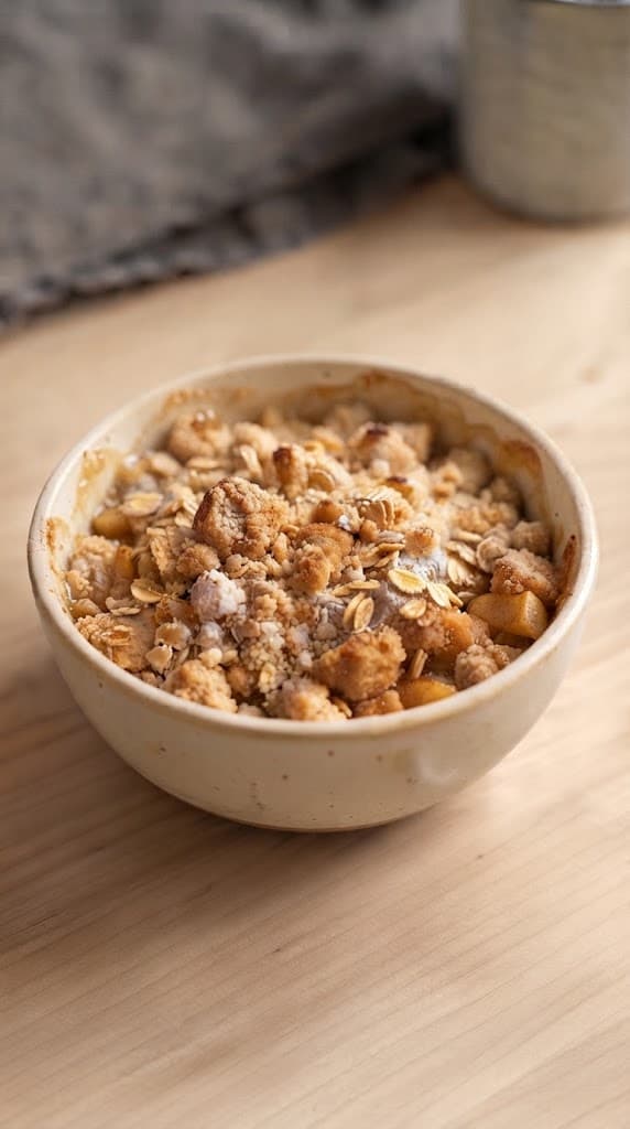 Freshly baked apple crisp for one with tender diced apples, bubbling juices, and a golden oat crumble topping