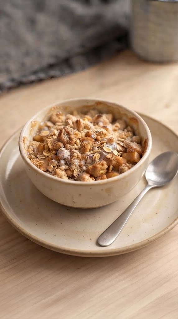 Finished apple crisp for one in a cream ceramic ramekin served on a neutral ceramic plate with golden oat crumble and tender baked apples
