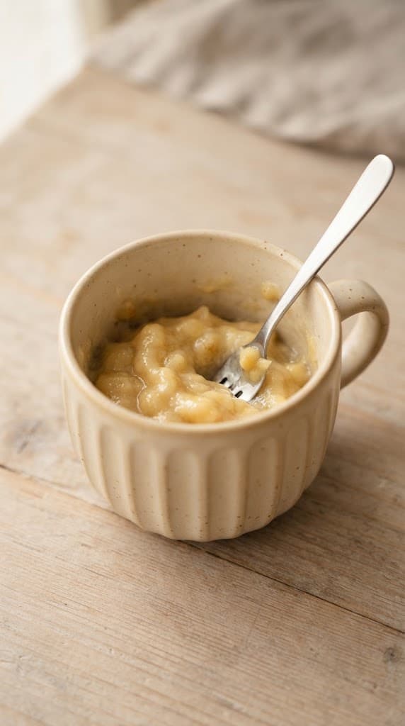 Very ripe banana mashed until mostly smooth in a warm cream ceramic mug for one banana mug cake