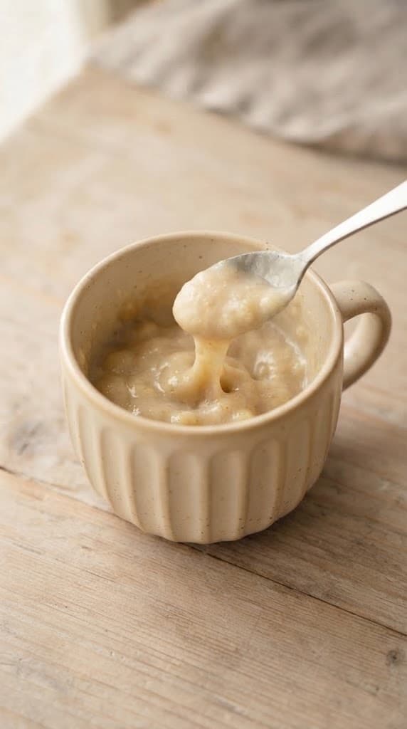 Mashed banana mixed with milk, melted butter, and vanilla into a smooth creamy mixture in a ceramic mug