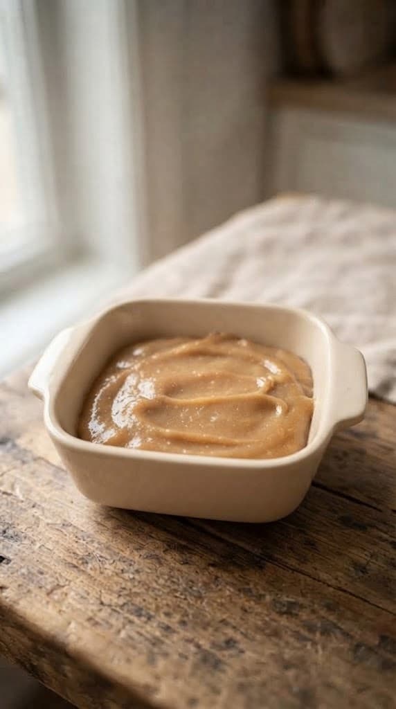 Raw blondie batter spread evenly in a small single-serving baking dish
