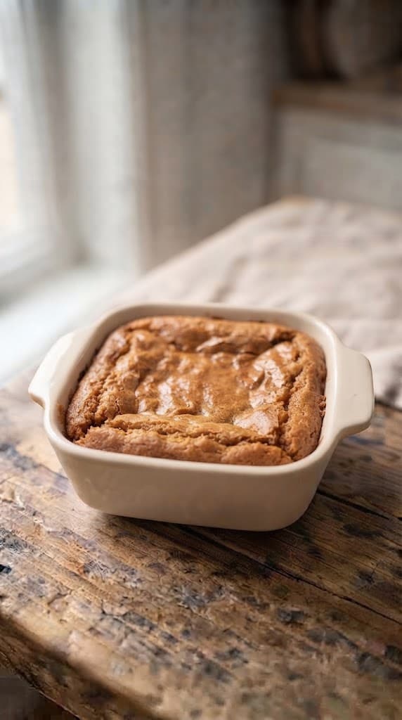 Freshly baked blondie in a small baking dish with a lightly golden top and set edges