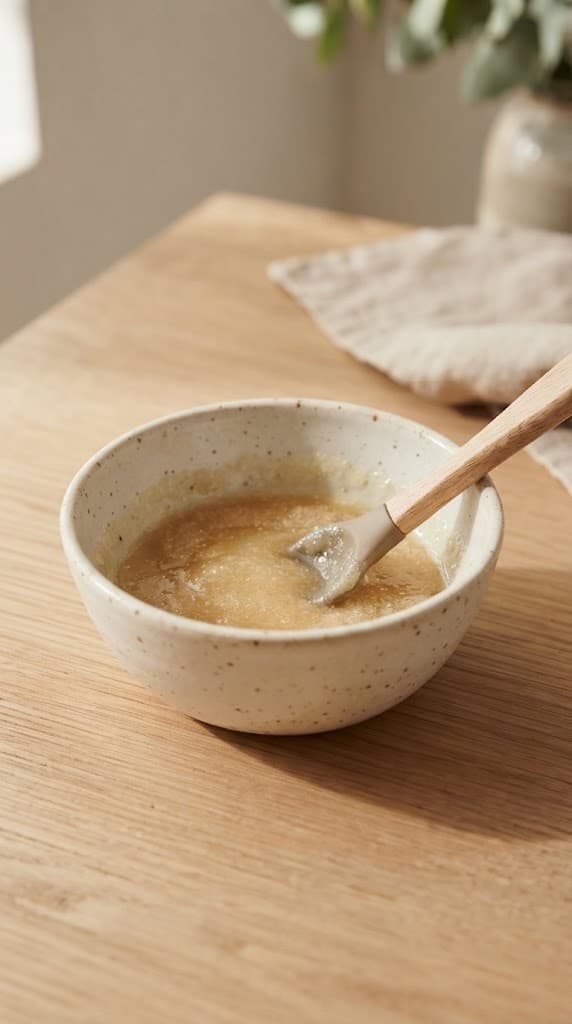 Melted butter, granulated sugar, and light brown sugar stirred into a smooth glossy mixture in a small cream ceramic bowl