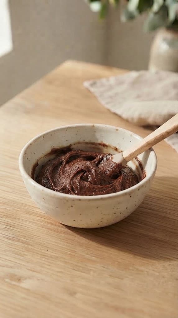 Thick dark egg-free brownie batter after flour, cocoa powder, baking powder, and salt have been gently folded in