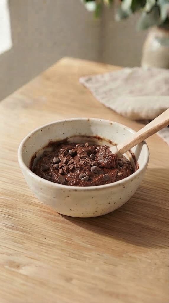 Rich egg-free brownie batter with chocolate chips or chopped chocolate folded throughout