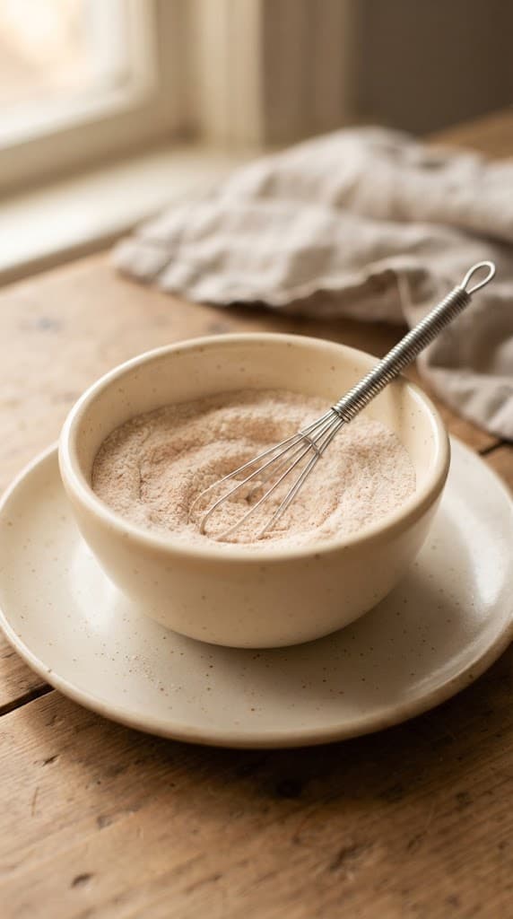 Flour, granulated sugar, brown sugar, baking powder, baking soda, cinnamon, and salt whisked together in a small cream ceramic bowl