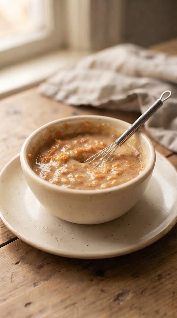Carrot cake batter with finely grated carrot folded evenly throughout