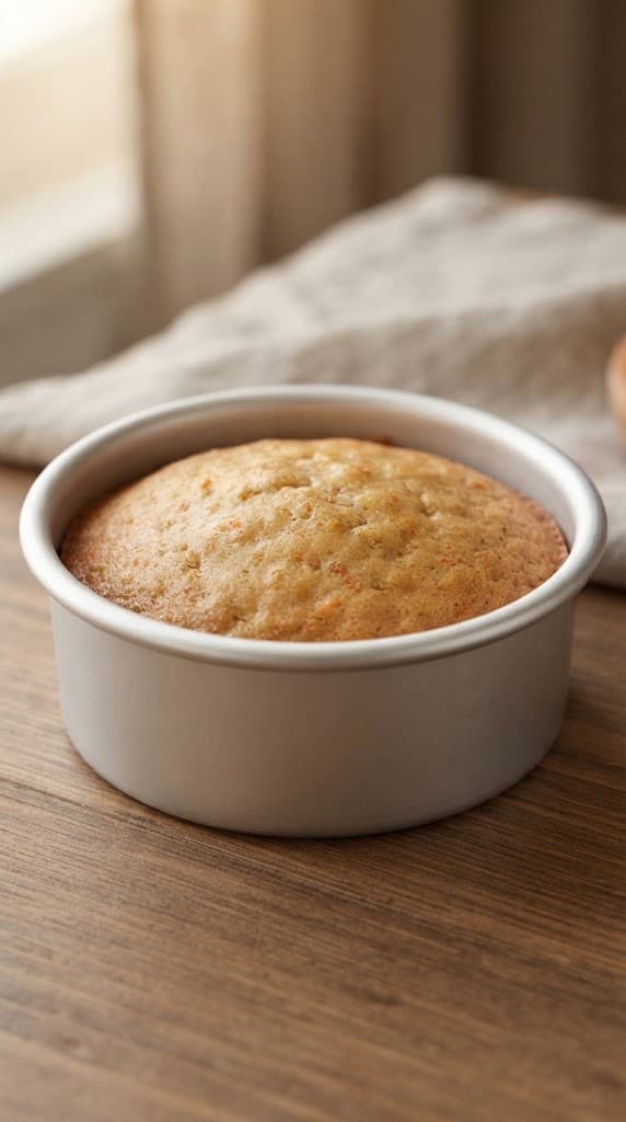 Freshly baked single-serving carrot cake with fine carrot flecks in a small round metal cake pan