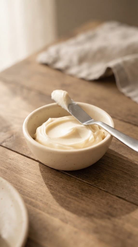 Small batch of smooth cream cheese frosting in a warm cream ceramic bowl