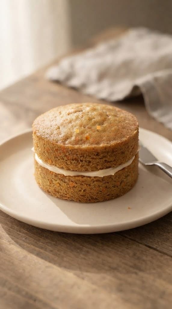 Mini carrot cake sliced into two round layers with a thin layer of cream cheese frosting between them
