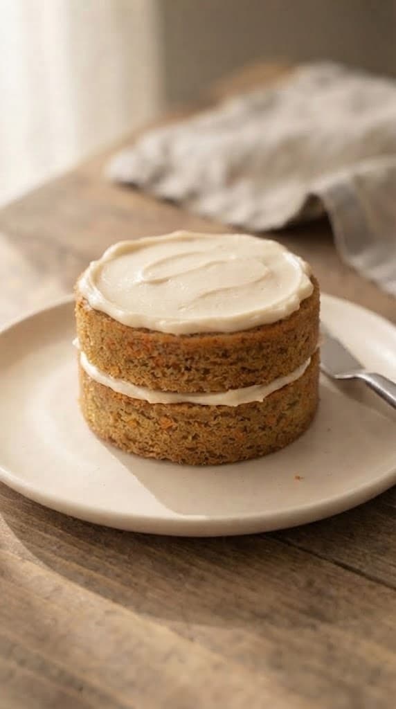 Finished two-layer carrot cake for one with cream cheese frosting between the layers and lightly spread over the top