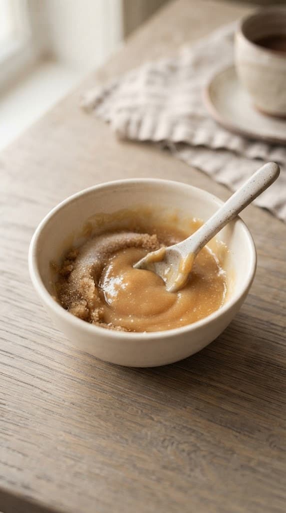 Melted butter, granulated sugar, and light brown sugar stirred into a smooth glossy mixture in a small cream ceramic bowl