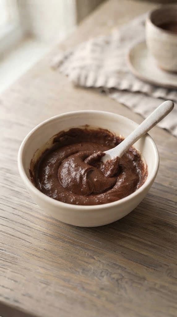 Thick dark chocolate brownie batter after flour, cocoa powder, and salt have been gently folded in