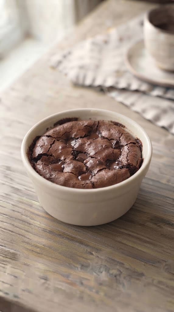 Freshly baked single-serving chocolate brownie with set edges, a thin crackly top, and a slightly soft fudgy center