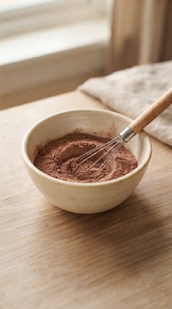 Flour, sugar, cocoa powder, baking powder, baking soda, and salt whisked together in a small cream ceramic bowl