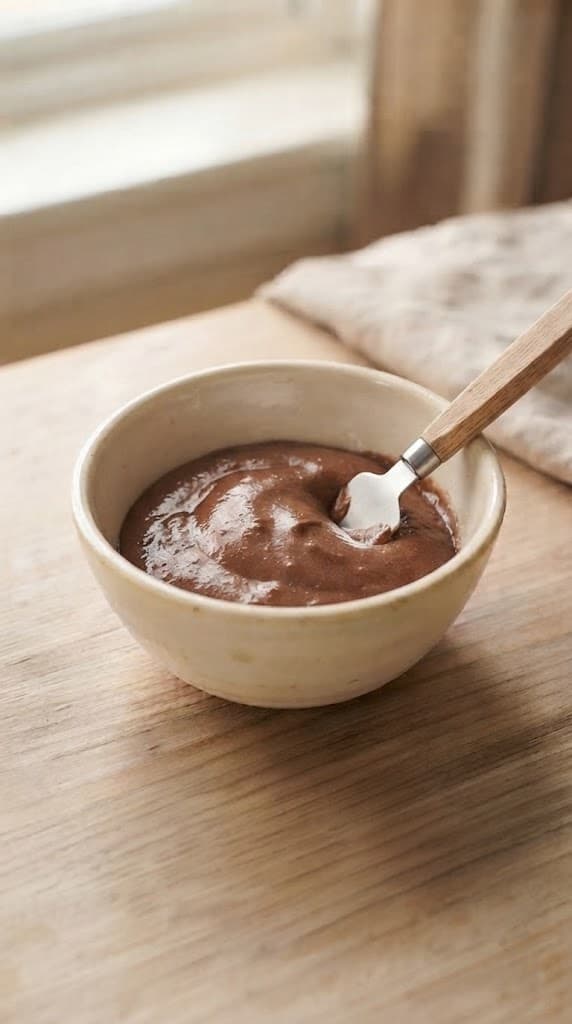 Smooth chocolate cake batter after egg yolk, milk, melted butter, and vanilla have been stirred into the dry ingredients
