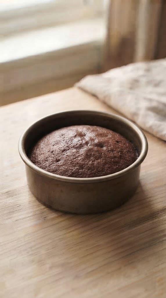 Freshly baked single-serving chocolate cake with a soft cocoa crumb in a small round cake baking pan