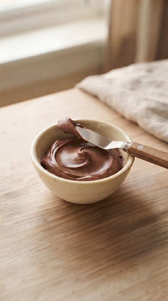 Small batch of smooth spreadable chocolate butter frosting in a cream ceramic bowl