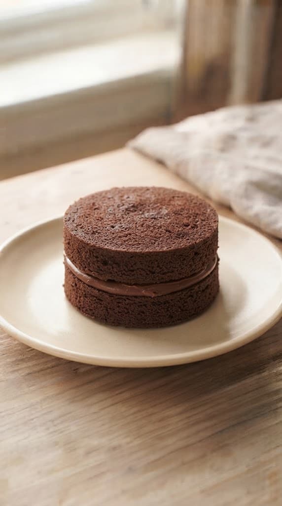Mini chocolate cake sliced into two round layers with a thin layer of chocolate frosting between them