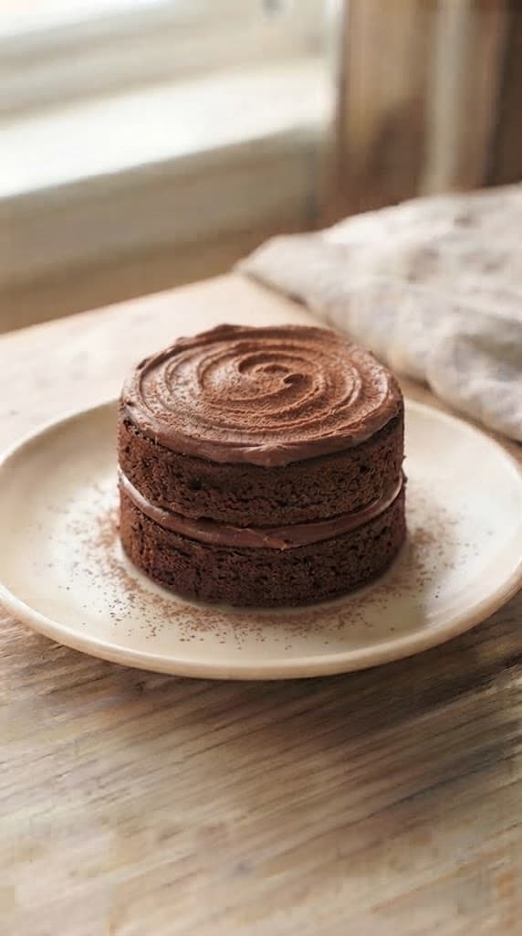 Finished two-layer chocolate cake for one with chocolate frosting between the layers and spread over the top