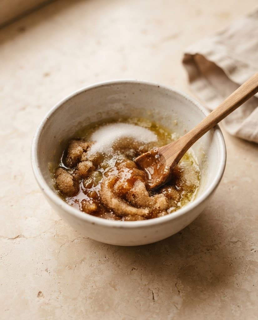 Melted butter, brown sugar, and granulated sugar being mixed in a small bowl