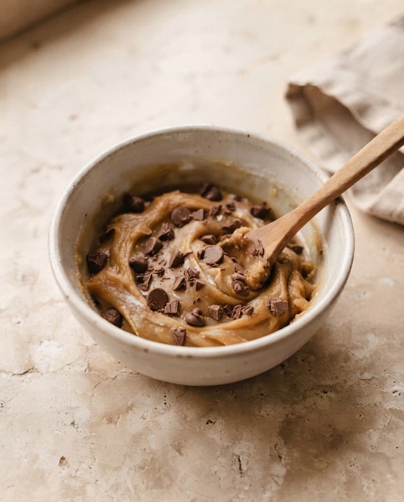 Cookie dough mixed with chocolate chips in a small bowl