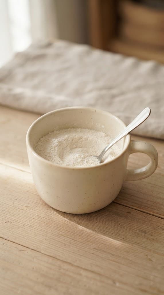 Flour, granulated sugar, baking powder, and salt mixed together in a warm cream ceramic mug for one chocolate chip mug cake