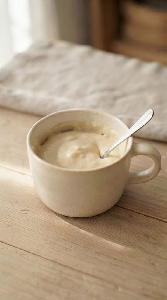 Smooth pale vanilla mug cake batter after milk, melted butter, and vanilla extract have been stirred into the dry ingredients