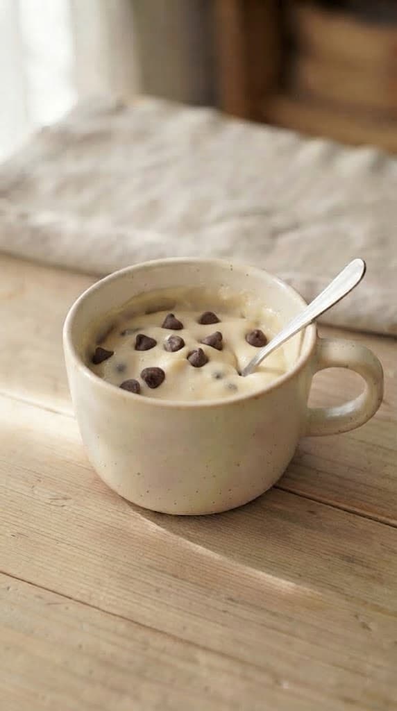 Raw vanilla mug cake batter with chocolate chips folded throughout and a few reserved chips scattered over the top
