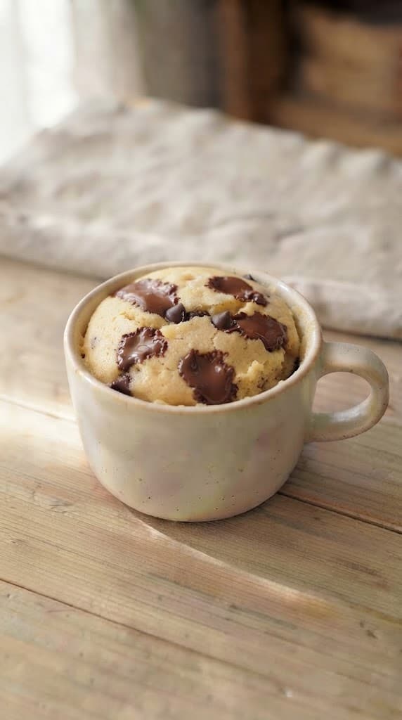 Freshly microwaved chocolate chip mug cake with a soft risen vanilla crumb and warm melted chocolate chips in a cream ceramic mug