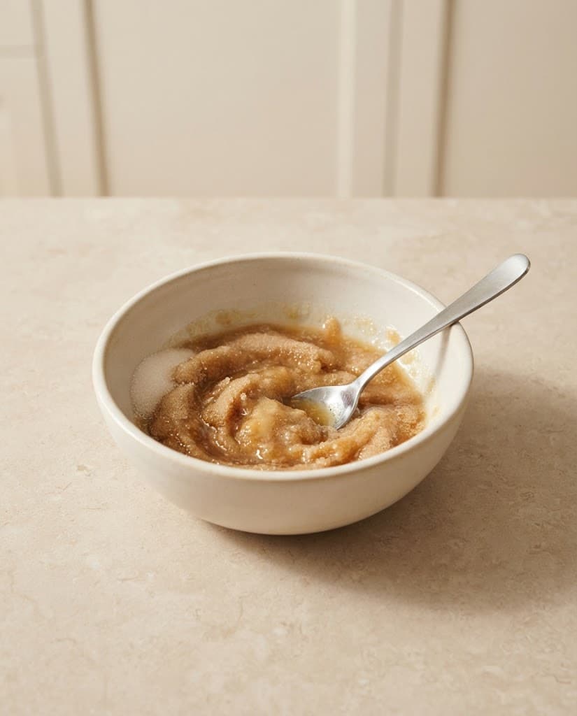 Melted butter, brown sugar, and granulated sugar mixed together in a small cream ceramic bowl