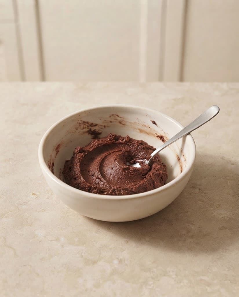 Soft deep cocoa chocolate cookie dough after flour, cocoa powder, baking soda, and salt have been mixed in