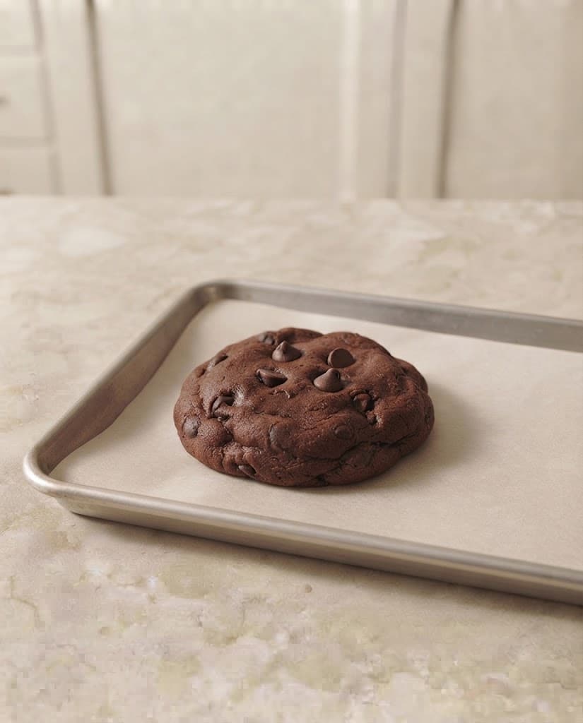 One thick raw chocolate cookie with chocolate pieces shaped on parchment paper