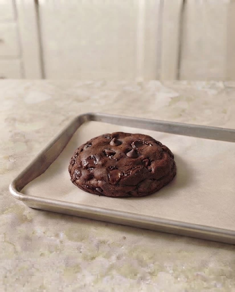 Freshly baked chocolate cookie with set edges, a soft fudgy center, and melted chocolate pieces on a parchment-lined baking tray