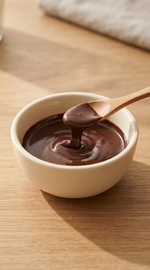Smooth melted dark chocolate in a small cream ceramic bowl for one serving of chocolate mousse