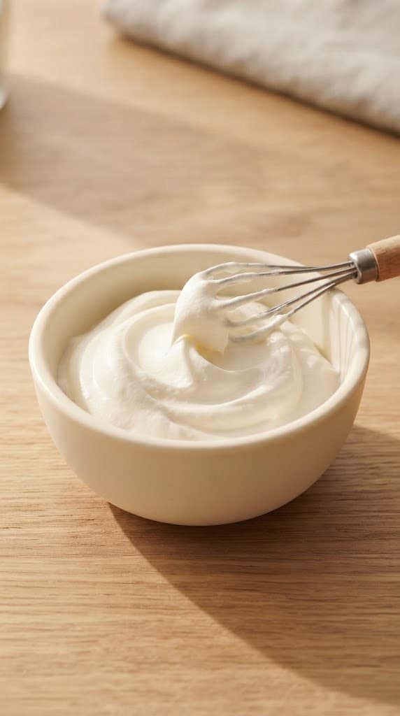 Cold heavy whipping cream and powdered sugar whipped to soft peaks in a small ceramic bowl