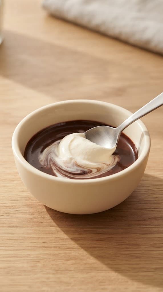 A small spoonful of softly whipped cream being stirred into smooth melted chocolate to lighten the mixture
