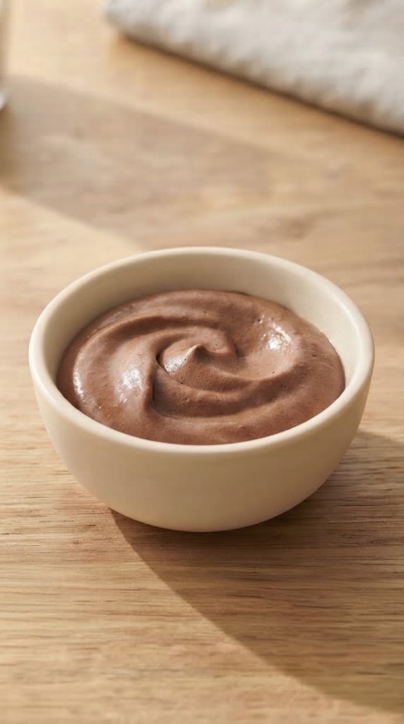 Fresh chocolate mousse spooned into a small cream ceramic dessert cup with a soft natural swirl on top