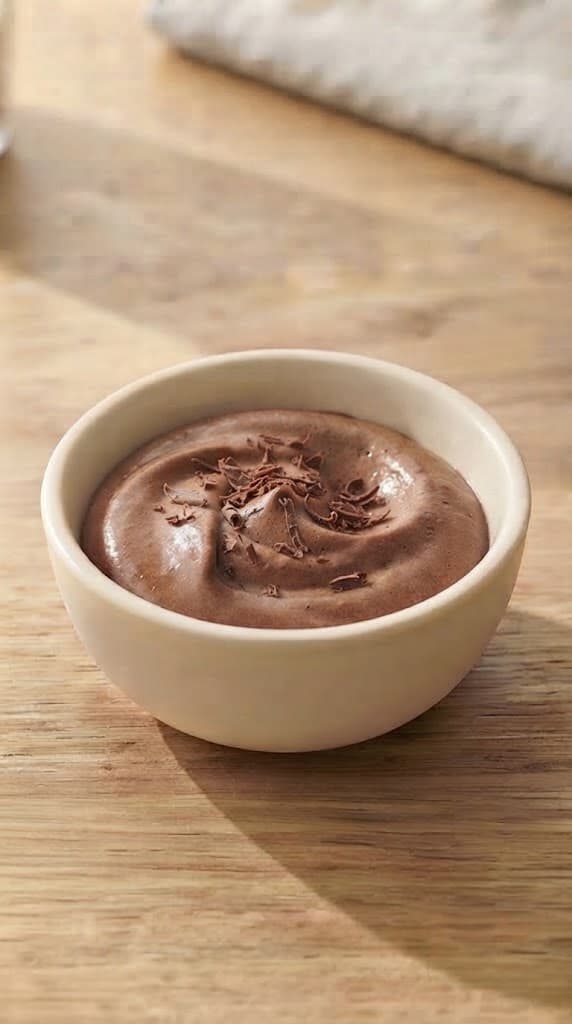 Finished chilled chocolate mousse for one topped with a small amount of delicate dark chocolate shavings
