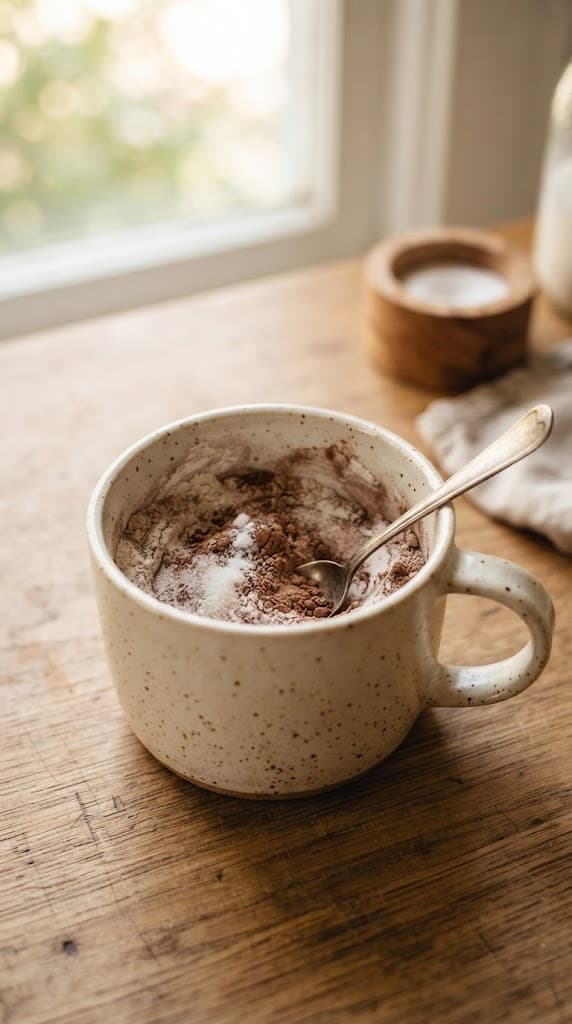 Flour, sugar, cocoa powder, baking powder, and salt mixed together in a cream ceramic mug for one chocolate mug cake