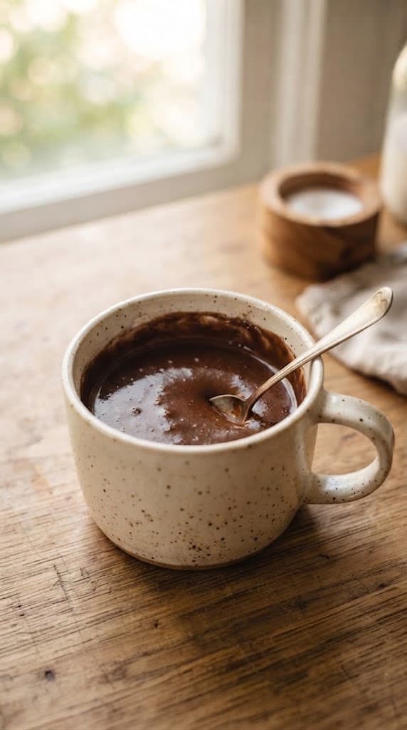 Smooth chocolate mug cake batter after milk, melted butter, and vanilla have been stirred into the dry ingredients