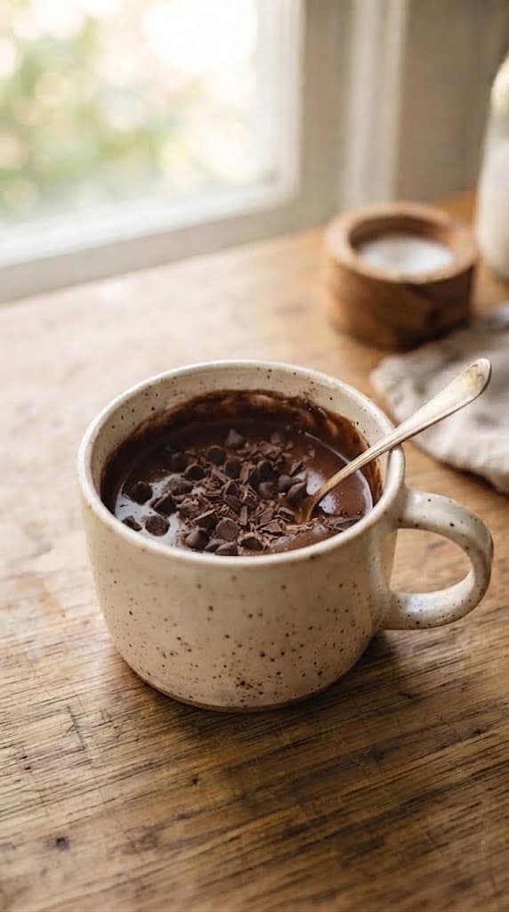Chocolate mug cake batter with chocolate chips or chopped chocolate folded throughout in a cream ceramic mug