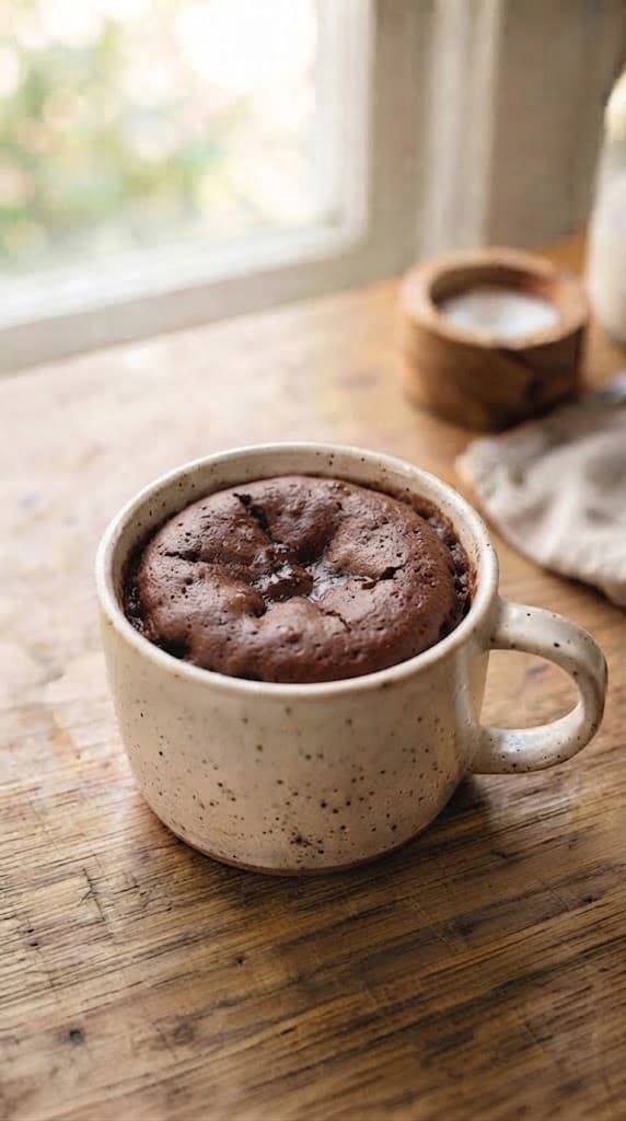 Freshly microwaved chocolate mug cake with a soft risen top, moist chocolate crumb, and melted chocolate pieces in a cream ceramic mug