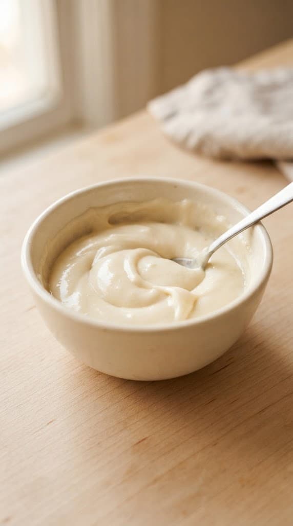 Smooth pale eggless vanilla cake batter after milk, neutral oil, vanilla, and vinegar have been gently mixed into the dry ingredients
