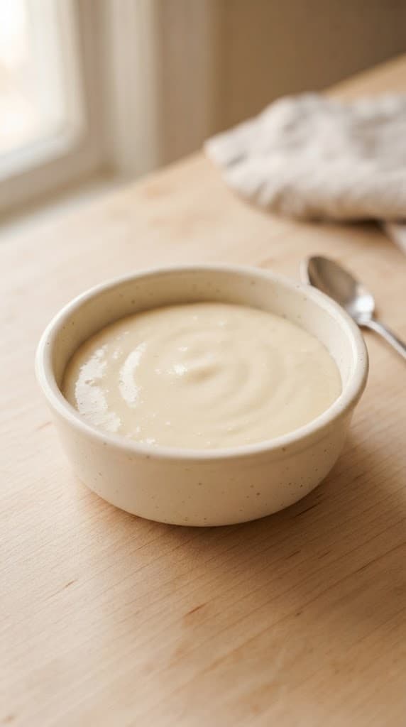 Raw eggless vanilla cake batter spread evenly in a small round baking dish ready for the oven