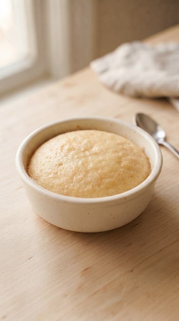 Small eggless vanilla cake baked until softly risen and lightly golden in a cream ceramic baking dish